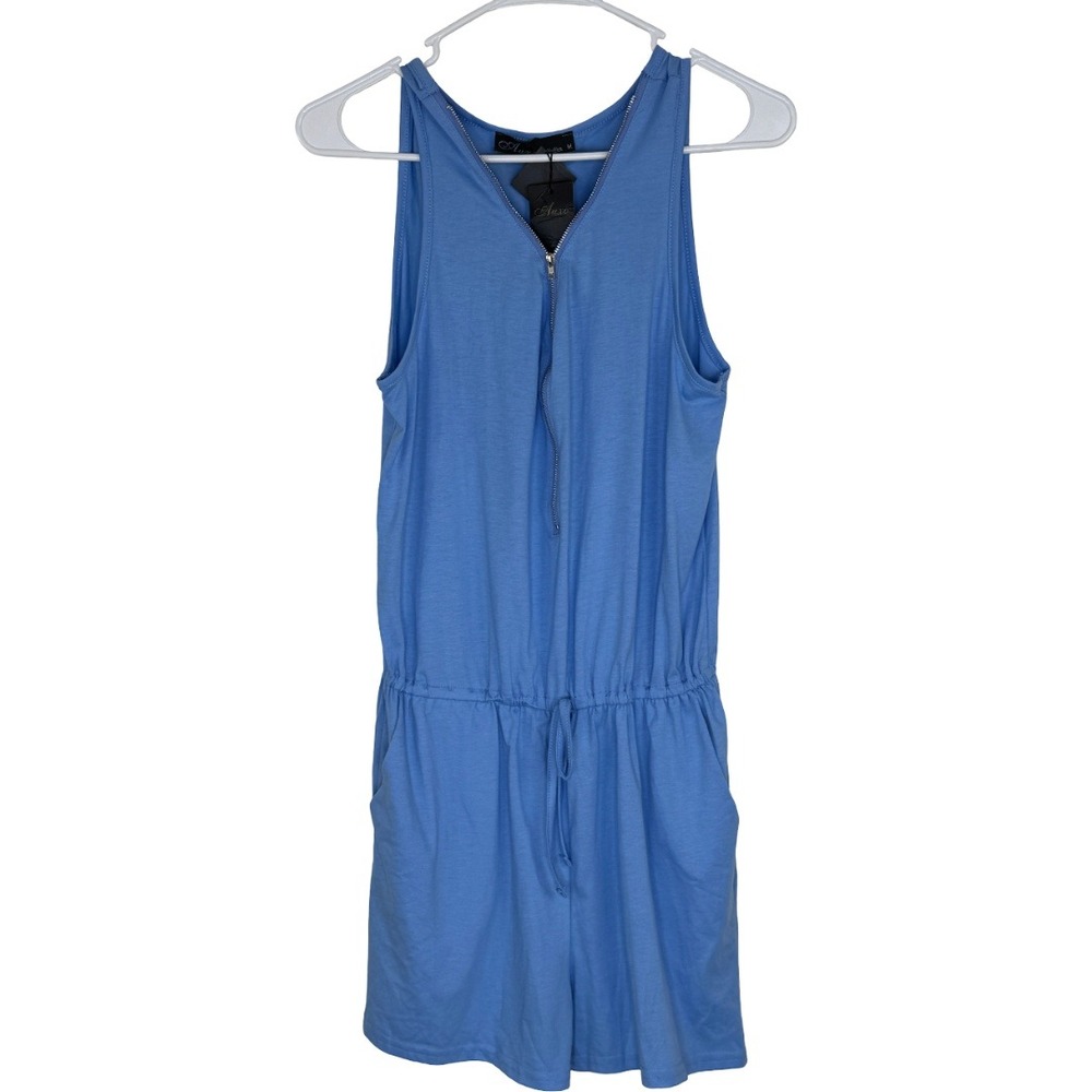 Auxo Romper Women Medium‎ Blue Sleeveless Zip Front Elastic Drawstring Waist NEW